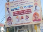 The banners publicise a two-day state-level event in Navi Mumbai to mark the 350th martyrdom anniversary of Guru Tegh Bahadur . (HT)