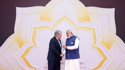 Prime Minister Narendra Modi welcomes Secretary-General of the United Nations, António Guterres, during the India AI Impact Summit 2026 at the Bharat Mandapam on Wednesday. (DPR PMO ) Prime Minister Narendra Modi welcomes Secretary-General of the United Nations, António Guterres, during the India AI Impact Summit 2026 at the Bharat Mandapam on Wednesday. (DPR PMO )