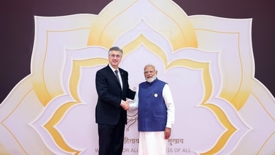 Prime Minister Narendra Modi welcomes Prime Minister of Croatia, Andrej Plenković, during the India AI Impact Summit 2026 at the Bharat Mandapam on Wednesday. (DPR PMO/ANI Photo) Prime Minister Narendra Modi welcomes Prime Minister of Croatia, Andrej Plenković, during the India AI Impact Summit 2026 at the Bharat Mandapam on Wednesday. (DPR PMO/ANI Photo)