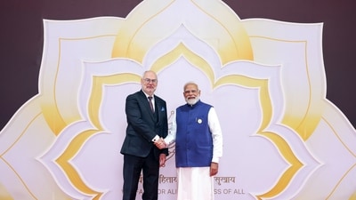Prime Minister Narendra Modi welcomes President of Estonia, Alar Karis, during the India AI Impact Summit 2026 at the Bharat Mandapam on Wednesday. (DPR PMO/ANI Photo) Prime Minister Narendra Modi welcomes President of Estonia, Alar Karis, during the India AI Impact Summit 2026 at the Bharat Mandapam on Wednesday. (DPR PMO/ANI Photo)