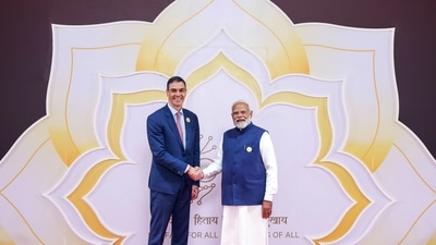 Prime Minister Narendra Modi welcomes President of Spain, Pedro Sánchez, during the India AI Impact Summit 2026 at the Bharat Mandapam on Wednesday. (DPR PMO) Prime Minister Narendra Modi welcomes President of Spain, Pedro Sánchez, during the India AI Impact Summit 2026 at the Bharat Mandapam on Wednesday. (DPR PMO)