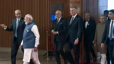Prime Minister Narendra Modi and World leaders arrive to attend the India AI Impact Summit 2026 and enjoy cultural displays at Bharat Mandapam, in New Delhi on Wednesday. Union Minister Ashwini Vaishnaw also present. (DD/ANI Video Grab) (DD) Prime Minister Narendra Modi and World leaders arrive to attend the India AI Impact Summit 2026 and enjoy cultural displays at Bharat Mandapam, in New Delhi on Wednesday. Union Minister Ashwini Vaishnaw also present. (DD/ANI Video Grab) (DD)