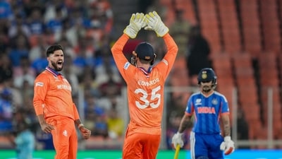 Off-spinner Aryan Dutt struck early, trapping Abhishek LBW with just the third delivery, sending a hush over the packed stadium. He also took the wicket of Ishan Kishan later in the innings. (PTI) Off-spinner Aryan Dutt struck early, trapping Abhishek LBW with just the third delivery, sending a hush over the packed stadium. He also took the wicket of Ishan Kishan later in the innings. (PTI)