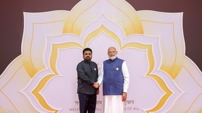 Prime Minister Narendra Modi exchanges a handshake with Sri Lanka President Anura Kumara Dissanayake during the India AI Impact Summit, at Bharat Mandapam in New Delhi. (PMO) Prime Minister Narendra Modi exchanges a handshake with Sri Lanka President Anura Kumara Dissanayake during the India AI Impact Summit, at Bharat Mandapam in New Delhi. (PMO)