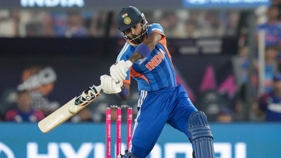 Hardik Pandya played a pivotal cameo, scoring 30 off 21 balls to take India past a tricky phase. Alongside Shivam Dube, he shared a 75-run partnership that powered the team through the final five overs. (PTI) Hardik Pandya played a pivotal cameo, scoring 30 off 21 balls to take India past a tricky phase. Alongside Shivam Dube, he shared a 75-run partnership that powered the team through the final five overs. (PTI)