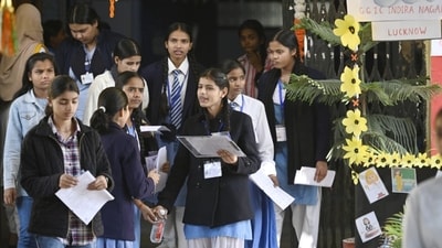 Class 10 students of Rajkiya Balika Vidyalaya Indiranagar in Lucknow, Uttar Pradesh coming out after appearing for exam. (Deepak Gupta) Class 10 students of Rajkiya Balika Vidyalaya Indiranagar in Lucknow, Uttar Pradesh coming out after appearing for exam. (Deepak Gupta)