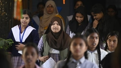 Class 10 students of Rajkiya Balika Vidyalaya Indiranagar in Lucknow, Uttar Pradesh coming out after appearing for exam. (Deepak Gupta) Class 10 students of Rajkiya Balika Vidyalaya Indiranagar in Lucknow, Uttar Pradesh coming out after appearing for exam. (Deepak Gupta)
