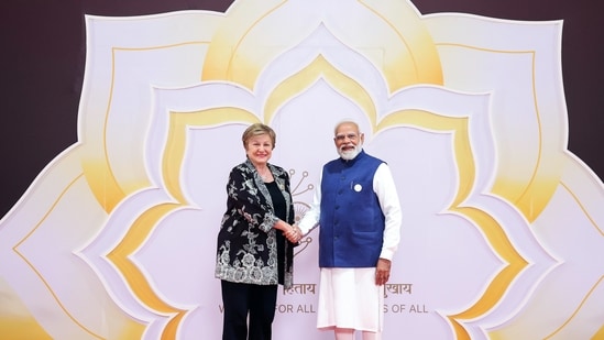 Prime Minister Narendra Modi welcomes IMF MD Kristalina Georgieva during the India AI Impact Summit 2026 at the Bharat Mandapam on Wednesday. (DPR PMO/ANI Photo)( )