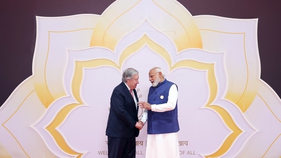 Prime Minister Narendra Modi welcomes Secretary-General of the United Nations, António Guterres, during the India AI Impact Summit 2026 at the Bharat Mandapam on Wednesday.&nbsp;(DPR PMO )