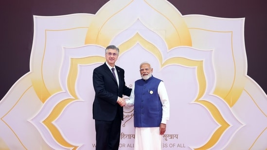 Prime Minister Narendra Modi welcomes Prime Minister of Croatia, Andrej Plenković, during the India AI Impact Summit 2026 at the Bharat Mandapam on Wednesday. (DPR PMO/ANI Photo)
