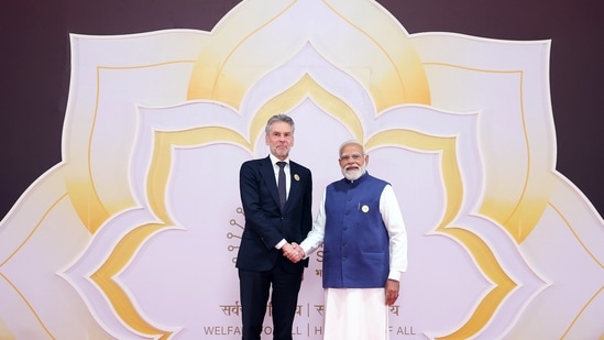 Prime Minister Narendra Modi welcomes Prime Minister of the Netherlands, Dick Schoof, during the India AI Impact Summit 2026 at the Bharat Mandapam on Wednesday.&nbsp;(DPR PMO)