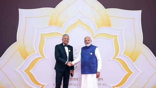 Prime Minister Narendra Modi welcomes Vice President of Seychelles, Sebastien Pillay, during the India AI Impact Summit 2026 at the Bharat Mandapam on Wednesday.&nbsp;(DPR PMO )