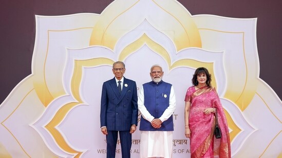 Prime Minister Narendra Modi welcomes Prime Minister of Mauritius, Navin Ramgoolam, during the India AI Impact Summit 2026 at the Bharat Mandapam on Wednesday. (DPR PMO/ANI Photo)(DPR PMO )