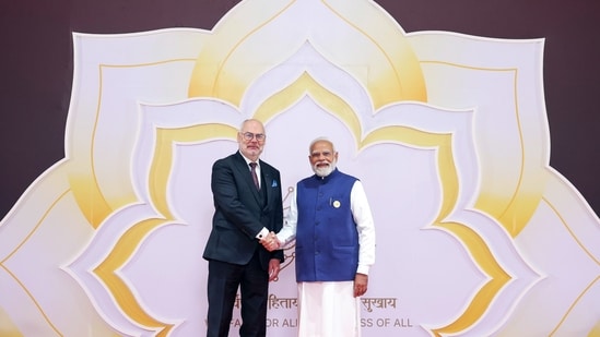 Prime Minister Narendra Modi welcomes President of Estonia, Alar Karis, during the India AI Impact Summit 2026 at the Bharat Mandapam on Wednesday. (DPR PMO/ANI Photo)