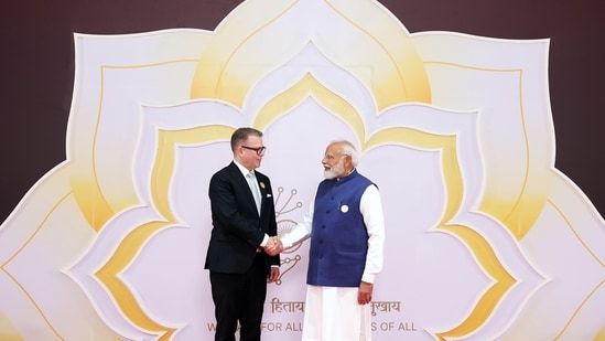 Prime Minister of Finland, Petteri Orpo, was welcomed by Prime Minister Narendra Modi at the India AI Impact Summit 2026 at Bharat Mandapam on Wednesday.(DPR PMO)
