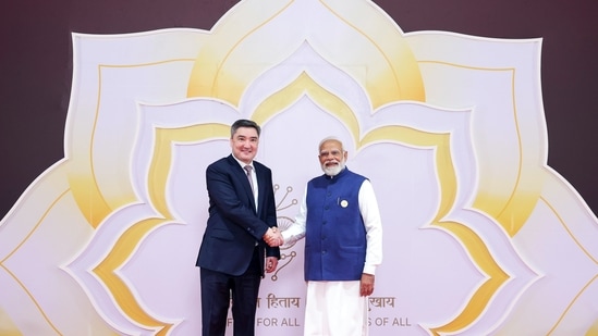 On Wednesday, Prime Minister Narendra Modi welcomes Prime Minister of Kazakhstan, Oljas Bektenov during the India AI Impact Summit 2026 at the Bharat Mandapam.(DPR PMO)