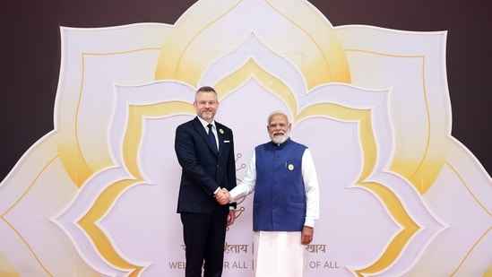 President of Slovakia, Peter Pellegrini, was welcomed by Prime Minister Narendra Modi at the India AI Impact Summit 2026 at Bharat Mandapam on Wednesday.(DPR PMO)
