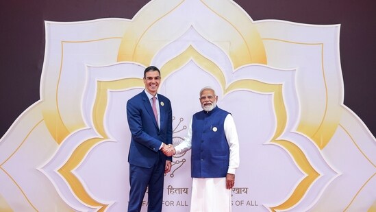 Prime Minister Narendra Modi welcomes President of Spain, Pedro Sánchez, during the India AI Impact Summit 2026 at the Bharat Mandapam on Wednesday.&nbsp;(DPR PMO)