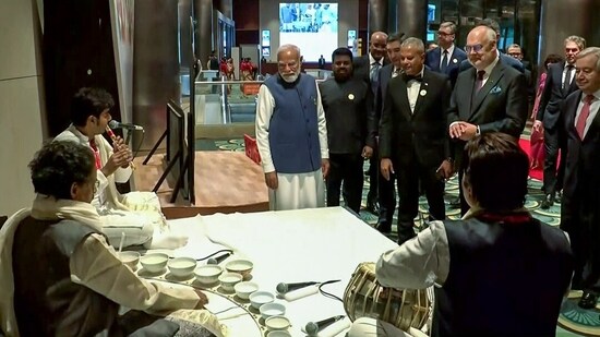 Prime Minister Narendra Modi and World leaders enjoy cultural displays during India AI Impact Summit 2026 at Bharat Mandapam, in New Delhi on Wednesday.(DD)