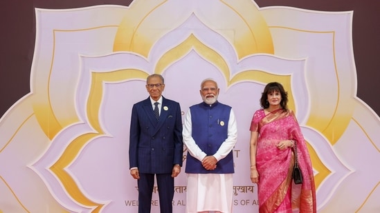 Prime Minister Narendra Modi with Mauritius Prime Minister Navin Ramgoolam during the India AI Impact Summit, at Bharat Mandapam in New Delhi.&nbsp;(PMO)