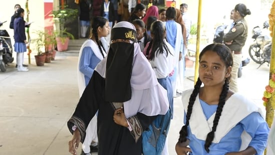 Students coming out after appearing for Class 10 Hindi exam from Rajkiya Balika Vidyalaya Indiranagar in Lucknow, Uttar Pradesh(Deepak Gupta )
