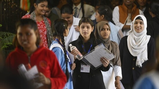Students coming out after appearing for Class 10 Hindi exam from Rajkiya Balika Vidyalaya Indiranagar in Lucknow, Uttar Pradesh(Deepak Gupta)