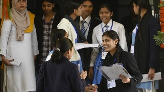 Class 10 students coming out of exam centre after appearing for Class 10 Hindi exam on February 18.&nbsp;(Deepak Gupta )
