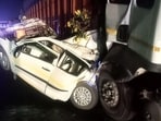 Cab carrying tourists to Agra was crushed between trucks after breakdown on highway; injured shifted to Delhi and Palwal hospitals, probe underway. (HT Photo) Cab carrying tourists to Agra was crushed between trucks after breakdown on highway; injured shifted to Delhi and Palwal hospitals, probe underway. (HT Photo)
