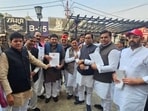 The Samajwadi Party delegation outside the office of the Uttar Pradesh chief electoral officer in Lucknow on Wednesday. (Mushtaq Ali/HT)