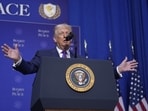 President Donald Trump speaks during a Board of Peace meeting