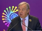 United Nations (UN) Secretary-General Antonio Guterres addresses the gathering during the India AI Impact Summit 2026. (PTI photo)