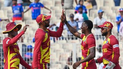 Shamar Joseph and Shai Hope of West Indies celebrate a dismissal. (Samir Jana/ Hindustan Times) Shamar Joseph and Shai Hope of West Indies celebrate a dismissal. (Samir Jana/ Hindustan Times)
