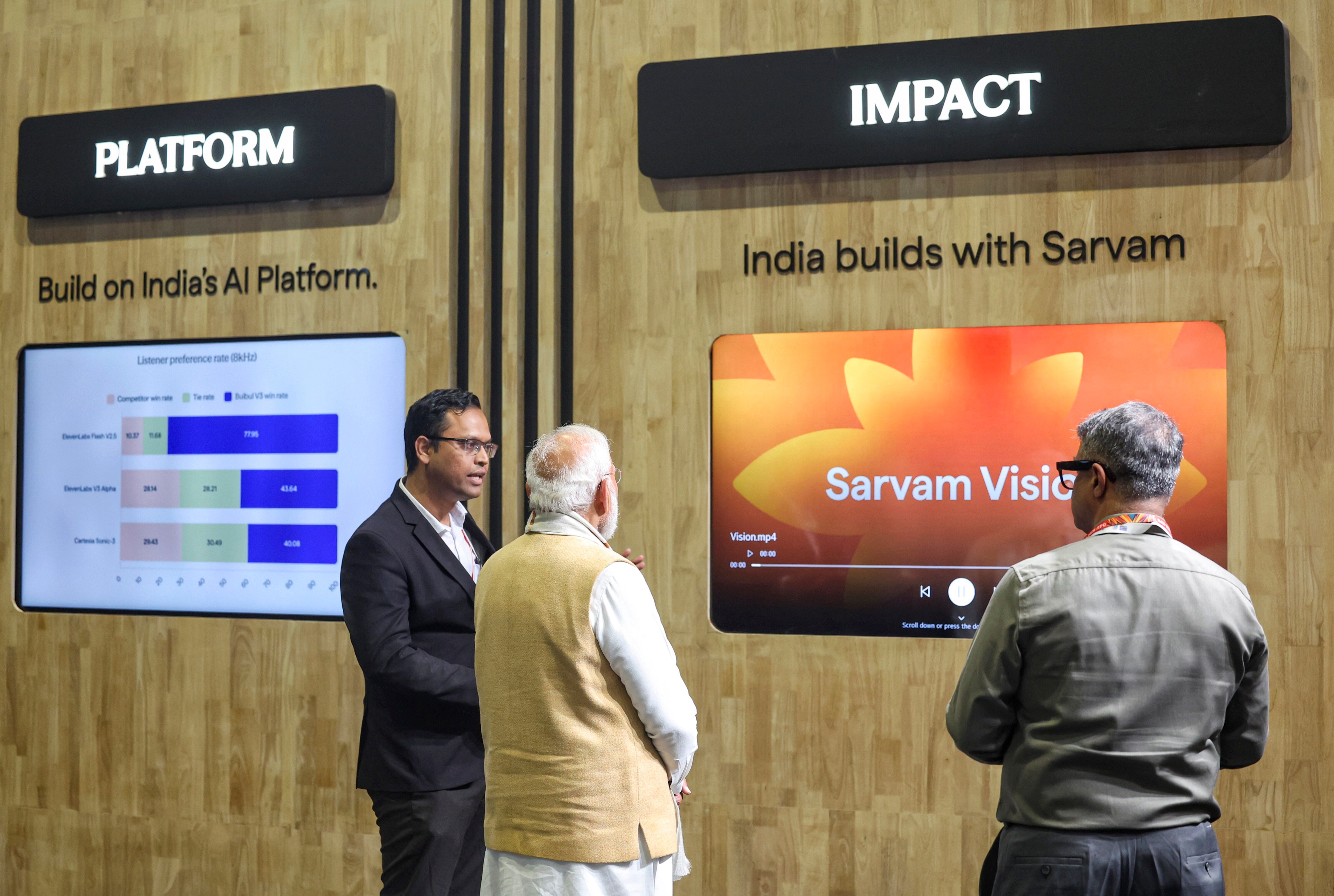 Prime Minister Narendra Modi during the inauguration of India AI Impact Expo, at Bharat Mandapam in New Delhi. Sarvam AI co-founder Pratyush Kumar also seen. (PMO)
