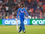 Abhishek Sharma walks back to pavilion after losing his wicket to Netherlands' Aryan Dutt.