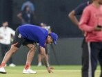 India captain Suryakumar Yadav inspects the pitch in Ahmedabad ahead of the Super 8 match against South Africa. (PTI)