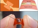 Photograph of a working flexible device is shown in the lower panel. Optical microscope images of the device and a schematic are shown in the upper-left and right panels, respectively. (Sourced)