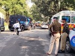 Security was also beefed up at the Punjab and Haryana mini-secretariats in Sector 9 after the threat mails on Thursday. (Keshav Singh/HT)
