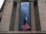 A newly installed banner outside of the Department of Justice building in Washington, DC on Thursday.