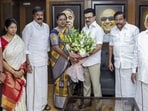 Tamil Nadu CM MK Stalin, state deputy CM Udhayanidhi Stalin, DMK MP Kanimozhi Karunanidhi, DMDK general secretary Premalatha Vijayakanth and others during a meeting, at DMK headquarters in Chennai on Thursday. (PTI)