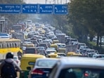 A massive traffic jam is seen over Ring Road following AI Summit near AIIMS in New Delhi, India, on Thursday, February 19, 2026. 