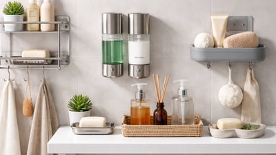 Simple bathroom shelf styled with chic soap dispensers, trays and organisers under 500, proving small details make a big difference. (Ai generated) Simple bathroom shelf styled with chic soap dispensers, trays and organisers under 500, proving small details make a big difference. (Ai generated)