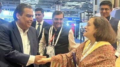 At the India AI Impact Summit 2026, a woman posted about her interaction with Mukesh Ambani. (X/@debjani_ghosh_) At the India AI Impact Summit 2026, a woman posted about her interaction with Mukesh Ambani. (X/@debjani_ghosh_)