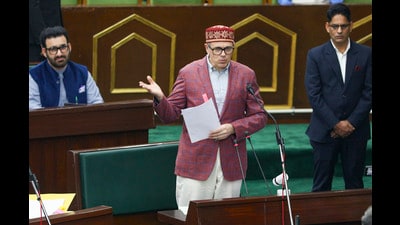 J&K chief minister Omar Abdullah speaks during the Budget session in Jammu on Friday. (PTI)
