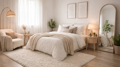 Soft neutrals, layered textures and clever lighting transform a simple bedroom into a Pinterest-inspired dream on a budget. (Ai generated) Soft neutrals, layered textures and clever lighting transform a simple bedroom into a Pinterest-inspired dream on a budget. (Ai generated)