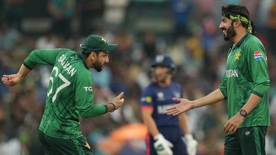Salman Ali Agha and Usman Tariq celebrate. (AP)
