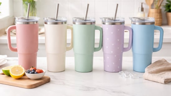 Chic pastel tumblers lined up on a kitchen counter, proving hydration can look cute without costing a fortune. (Ai generated)