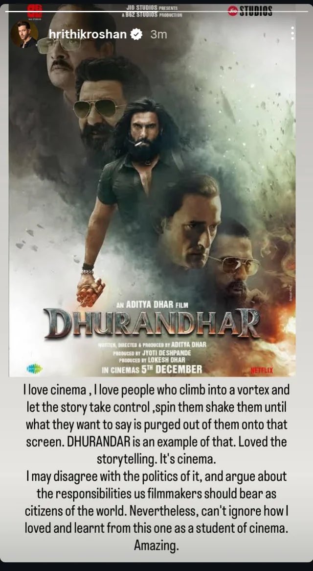 Hrithik Roshan's review for Dhurandhar Hrithik Roshan's review for Dhurandhar