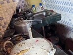 Charred remains after a LPG cylinder caught fire at Madanpur Khadar area, in New Delhi on Saturday.