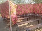 Due to inadequate seating arrangements, the management erected a temporary tent on the school terrace and conducted the Marathi language paper inside it on the first day of the examination. (HT)