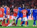 SL Benfica's Gianluca Prestianni argues with Real Madrid's Brazilian forward Vinicius Junior. SL Benfica's Gianluca Prestianni argues with Real Madrid's Brazilian forward Vinicius Junior.
